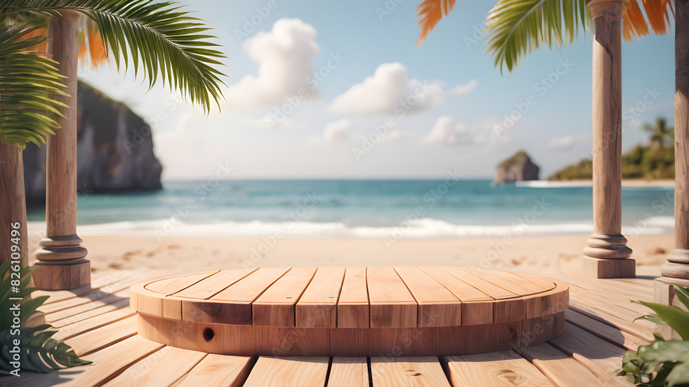 Fototapeta premium Summer products exhibition on empty wooden podium on marine tropical beach, Generative AI