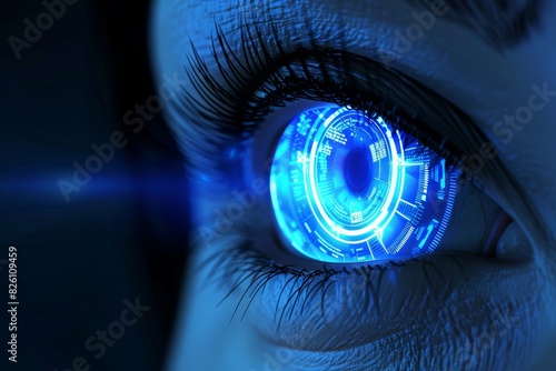 Futuristic blue eye with digital elements, cybernetic and detailed, vibrant and mysterious, sci fi and technology concept