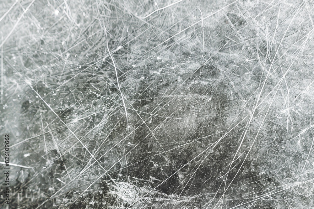 Close-up of an ice hockey rink surface, showcasing a detailed network of scratches and lines in a cool grey tone Close-up of an ice hockey rink surface, showcasing a detailed network of scratches and lines in a cool grey tone