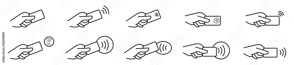 Set of simple linear contactless payment icons. Credit card and hand tap illustration symbol. Sign nfc vector flat.