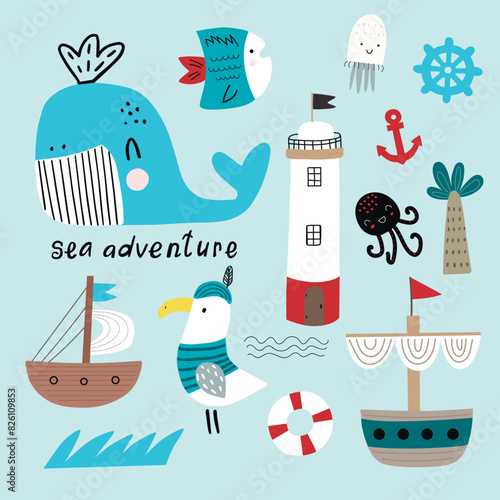 Vector set of children's drawings - sea life, underwater monsters, dino, clouds and ship. Sea trip. Doodle style.