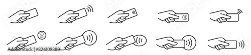 Obraz na płótnie Set of simple linear contactless payment icons. Credit card and hand tap illustration symbol. Sign nfc vector flat. w salonie