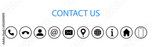 Set of client communication contact type icons. Telephone with postal sign. Message and globe icons. On a sign with a silhouette of a man. House with information sign. Signs of electronic almost or in