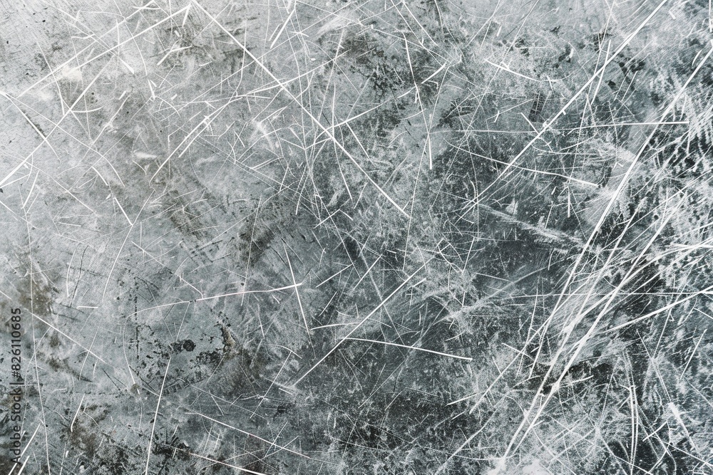 Close-up of an ice hockey rink surface, showcasing a detailed network of scratches and lines in a cool grey tone Close-up of an ice hockey rink surface, showcasing a detailed network of scratches and lines in a cool grey tone