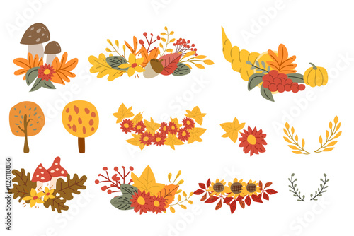 Hello Autumn fall thanksgiving greeting banner with foliage forest leaves. Welcome autumn banner. Invitation to new harvest season. Template for poster design, prints, flyers. Vector illustration.