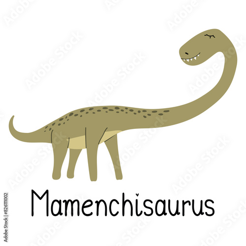 Mamenchisaurus dinosaur isolated on white background. Lettering Mamenchisaurus. Cartoon dino with long neck for kids t-shirt or web icon. Vector hand drawn illustration