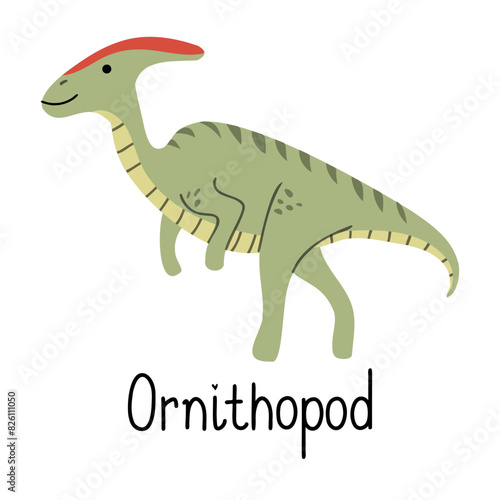 Ornithopod dinosaur prehistoric. Lettering Ornithopod. Flat design for t-shirt or web icon photo