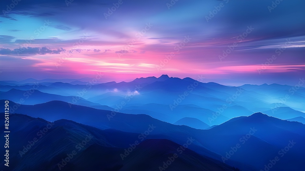 Vibrant Sunrise Over Rolling Blue Mountains Ai generated