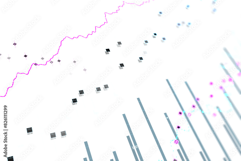 Abstract image of a pink line chart with floating geometric elements on a white background, concept of data visualization
