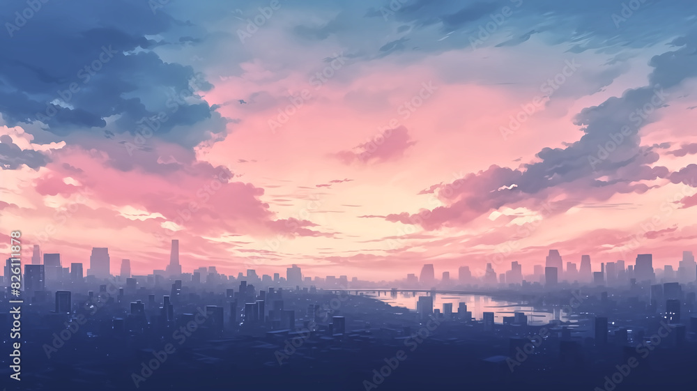 Digital illustration of a city skyline at sunset with pink and blue clouds. Vector art with gradient colors. Design for poster, banner, or header.