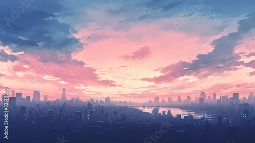 Digital illustration of a city skyline at sunset with pink and blue clouds. Vector art with gradient colors. Design for poster  banner  or header.