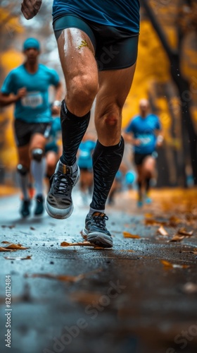 A group of Lipik people with state-of-the-art artificial limb running in the rain.