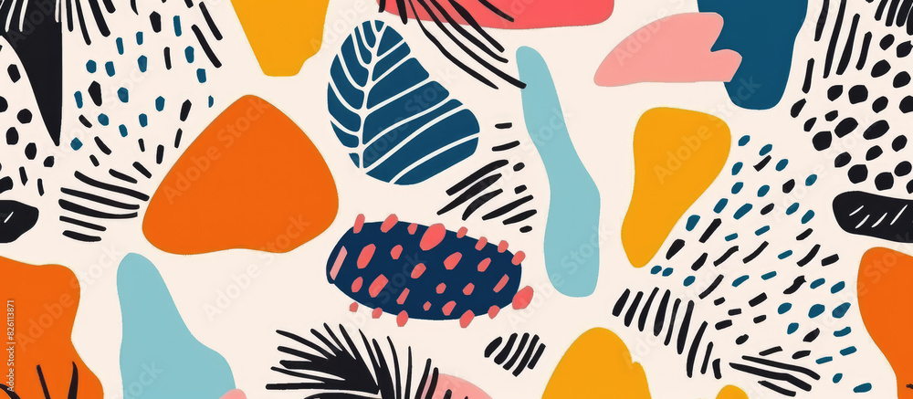 Abstract shapes and lines in the style of colorful vector hand drawn doodles, with an emphasis on flat color and simple shapes