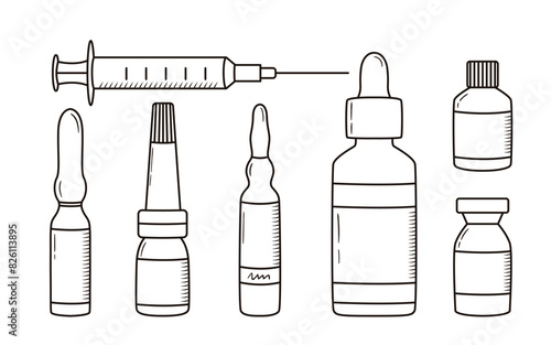 Contour drawing of syringe, glass ampoules and bottles. Medical and cosmetology equipment. Face lifting, filling, anti aging concept. Black line vector illustrations.