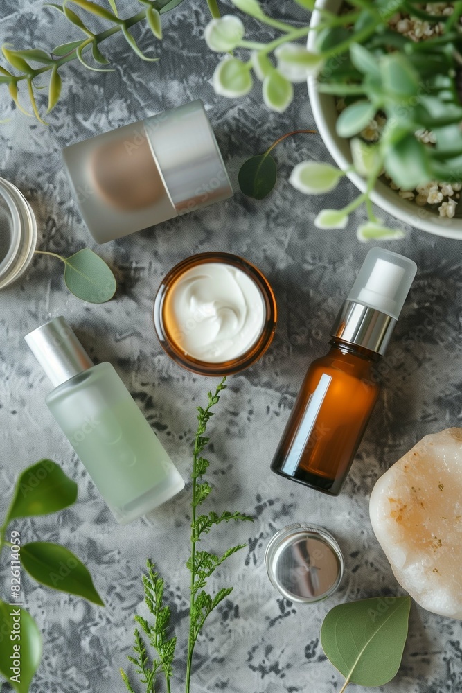 Set of cosmetics, care products on a gray background. View from above. Skin care. Spa treatments. Cosmetology office. Healthy lifestyle Set of cosmetics, care products on a gray background. View from above. Skin care. Spa treatments. Cosmetology office. Healthy lifestyle