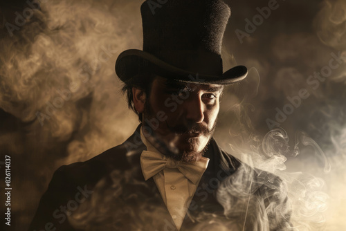 Mysterious illusionist in top hat with smoke swirling around