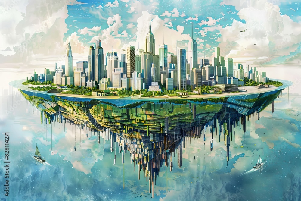 Fototapeta premium Floating Futuristic City with Inverted Skyscrapers and Sailboats in a Serene Sky