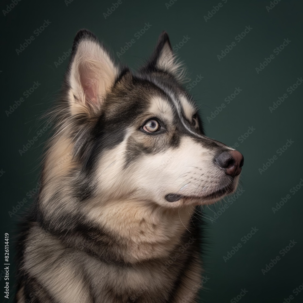 Obraz premium Alaskan Malamute dog on minimalistic colorful background with Copy Space. Perfect for banners, veterinary ads, pet food promotions, and minimalist designs.