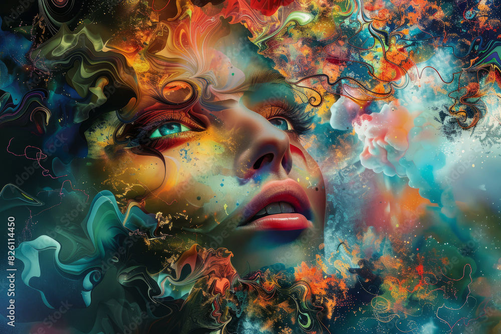 Colorful abstract art of woman's face in dreamlike scenery Colorful abstract art of woman's face in dreamlike scenery