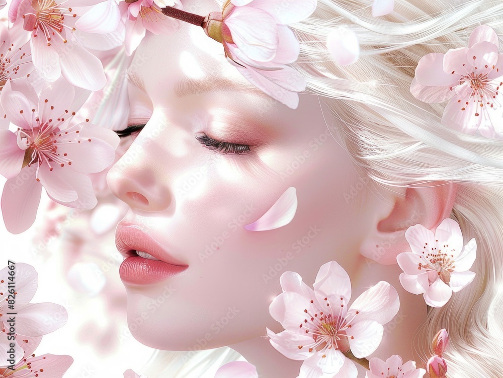 A woman with striking white hair adorned with delicate pink flowers, exuding charm and beauty. A woman with striking white hair adorned with delicate pink flowers, exuding charm and beauty.