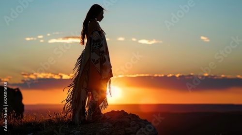 Native American Woman in Traditional Dress Silhouetted by Sunset
