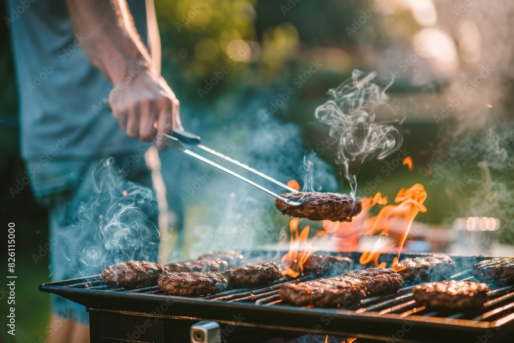 Fototapeta premium Summer Barbecue Party: Juicy Steaks Grilling Over Open Flames