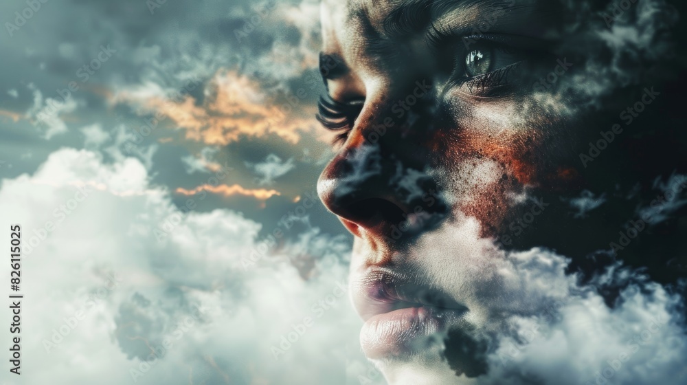 Double exposure of a woman's face blending with cloudy sky, depicting mixed emotions and introspection in a surreal atmosphere.