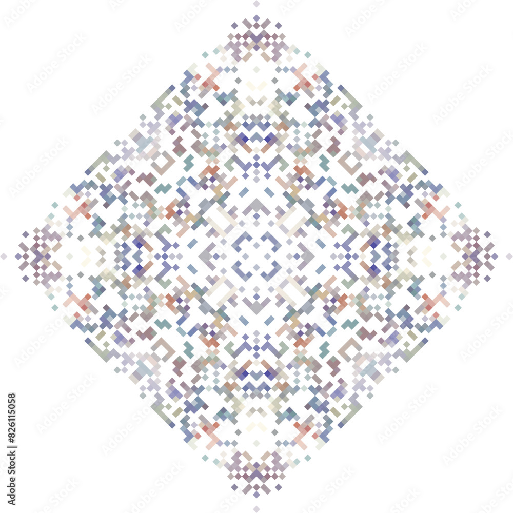 Abstract geometric triangle kaleidoscope mandala pixel art design symbol - symmetric vector art pattern from colored triangles. 8-bit.