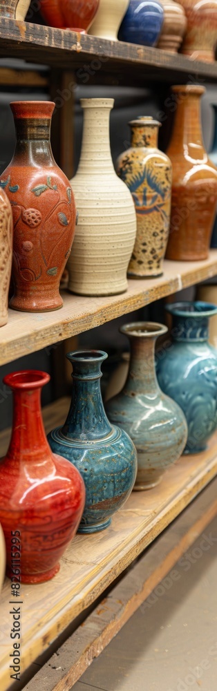 A shelf filled with Lipik Clay masterpieces lined up in various colors and shapes. A shelf filled with Lipik Clay masterpieces lined up in various colors and shapes.