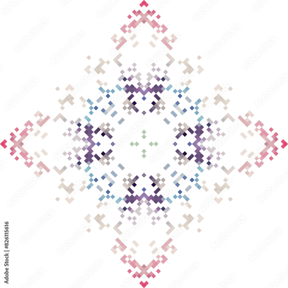 Abstract geometric triangle kaleidoscope mandala pixel art design symbol - symmetric vector art pattern from colored triangles. 8-bit.
