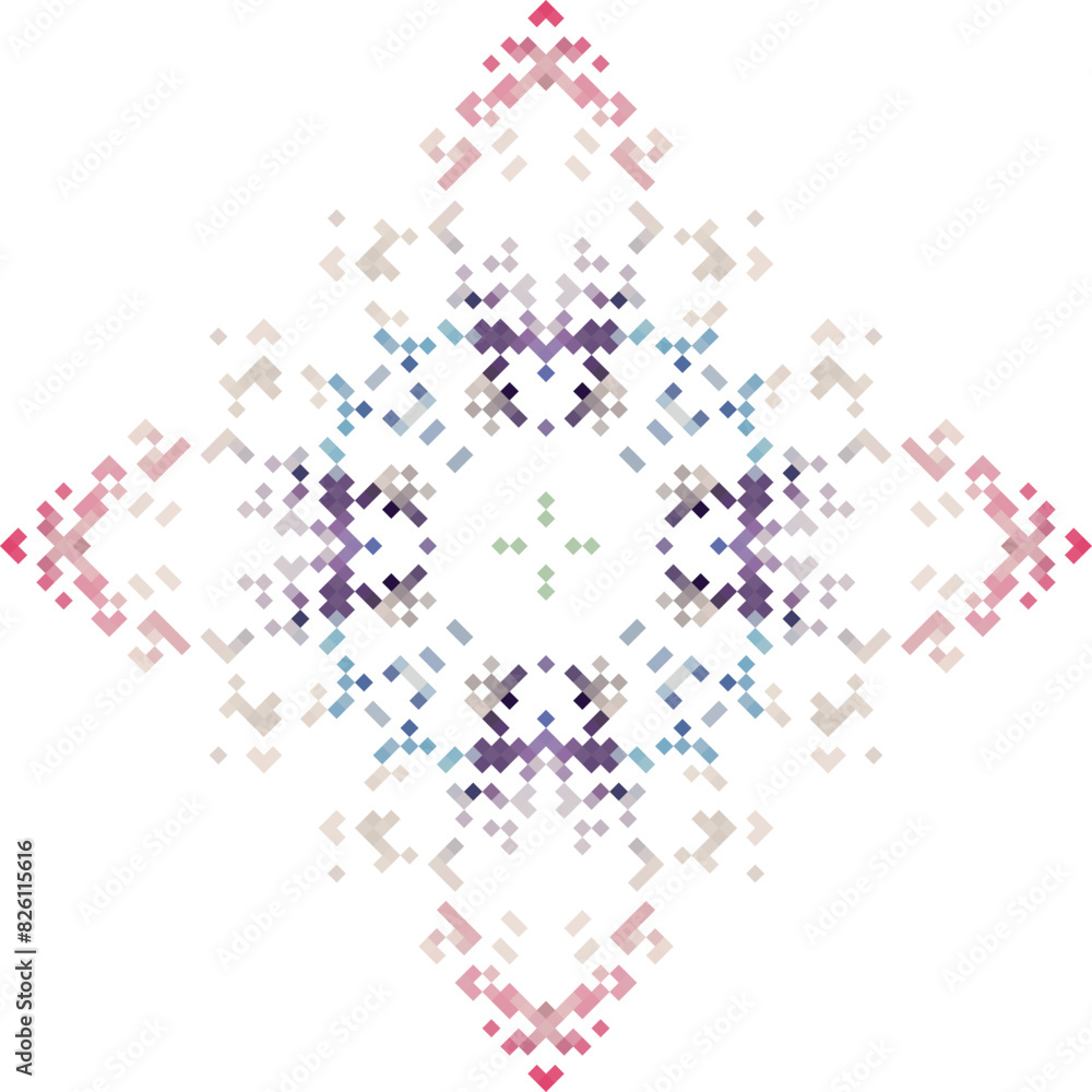 Fototapeta premium Abstract geometric triangle kaleidoscope mandala pixel art design symbol - symmetric vector art pattern from colored triangles. 8-bit.