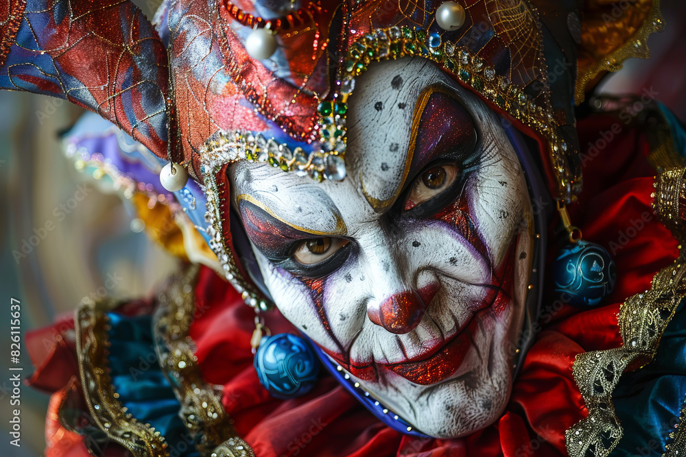 Close-up of sinister jester in colorful costume and makeup