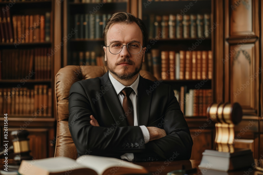 Confident lawyer sitting in office with arms crossed Confident lawyer sitting in office with arms crossed