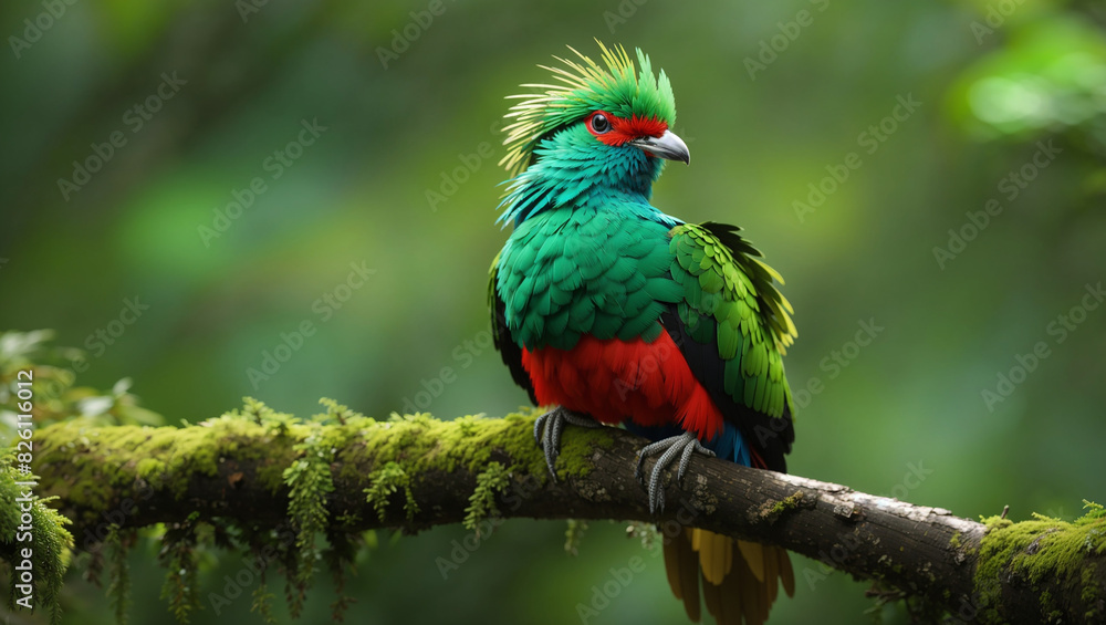 A brightly colored bird with green, red