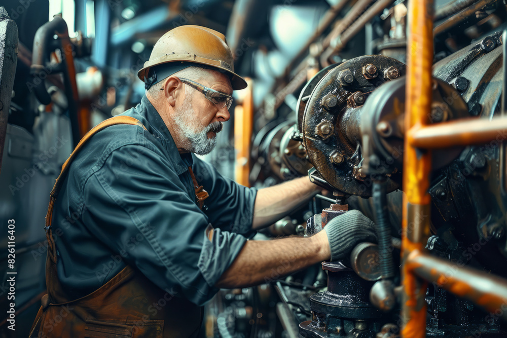 Maintenance engineer working on industrial machinery with safety gear Maintenance engineer working on industrial machinery with safety gear