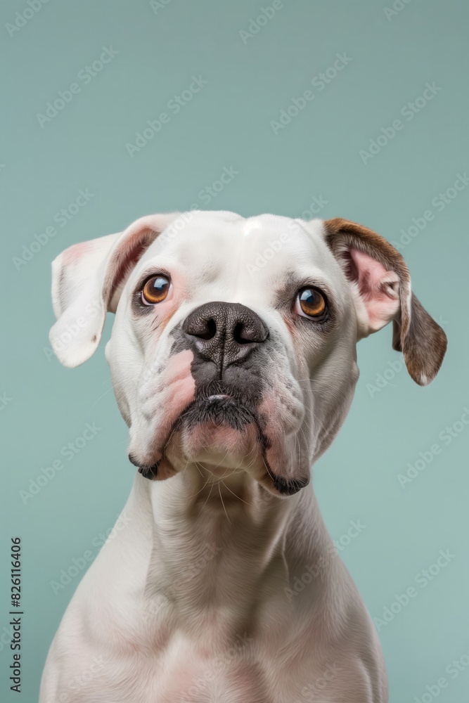 Obraz premium Bulldog on minimalistic colorful background with Copy Space. Perfect for banners, veterinary ads, pet food promotions, and minimalist designs.