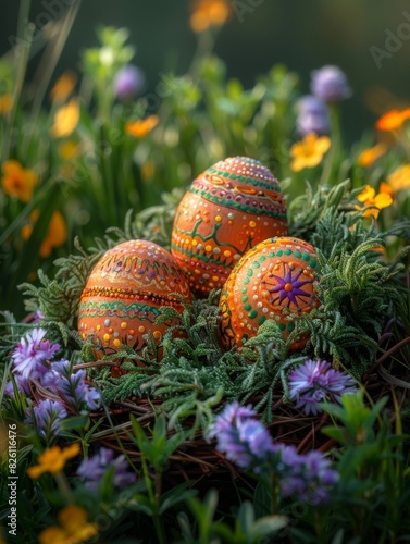 A cluster of Lipik colorful Easter eggs adorned with Christian designs, resting on a vibrant green meadow. photo