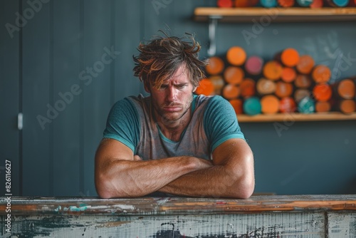 A forlorn man leaning on a table in contemplation with a background of colorful paint cans