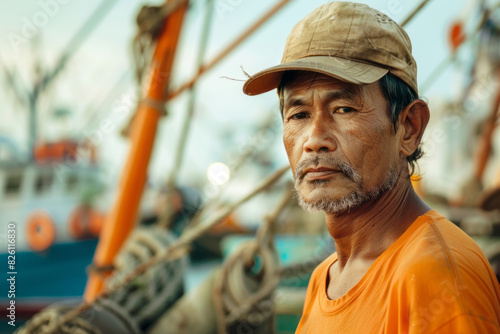Portrait of fisherman in orange shirt at harbor © standret