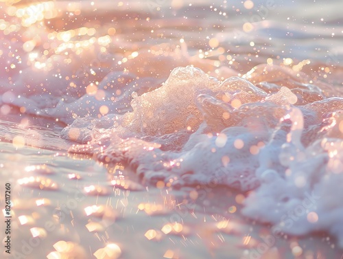 an image with sparkles on the sea, in the style of whimsical and dreamlike, light gold and pink, hyper-realistic water, stimwave, fairycore, blurry details, blink-and-you-miss-it detail photo