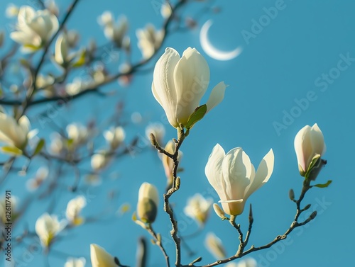 In the blue sky  several white magnolia flowers bloom on trees with a small crescent moon in the background. It is a low angle shot with macro photography and minimalist art style.  natural light  and