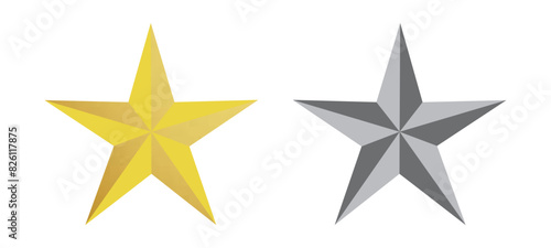 Metal stars. Realistic gold silver stars vector set. Gold star award, golden, silver Vector illustration.