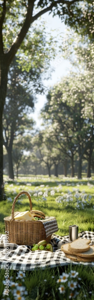 A picnic blanket with a picnic basket placed on it, ready for a picnic outdoors. A picnic blanket with a picnic basket placed on it, ready for a picnic outdoors.