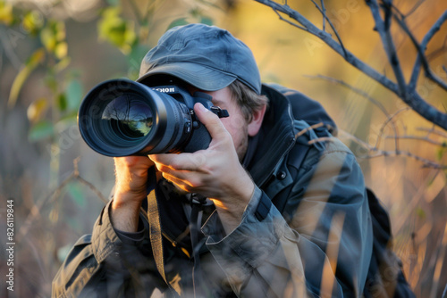 Photojournalist capturing nature through camera lens outdoors