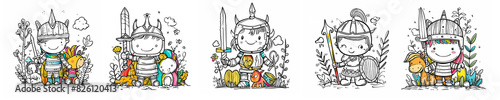 Set of Cute little knights coloring page for kids  hand-draw with color fact