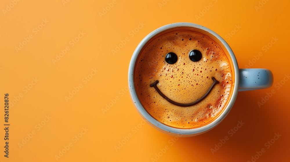 top view cup of coffee with smile face on coffee surface, copy space for text, isolated on yellow color background top view cup of coffee with smile face on coffee surface, copy space for text, isolated on yellow color background