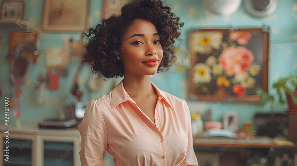 portrait of black woman pink clothing at salon portrait of black woman pink clothing at salon