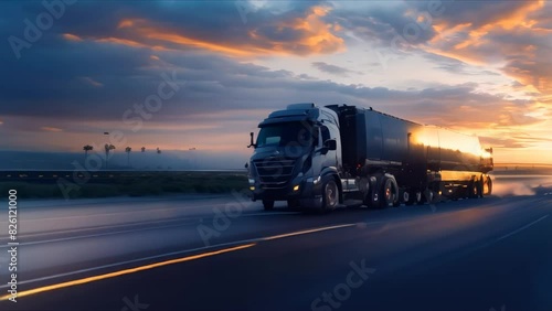 Blurred image of a speeding cistern truck on the highway at sunset. Concept Vehicle Photography, Action Shot, High Speed, Transportation, Urban Scene photo