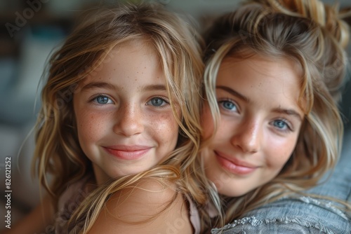 Two sisters with blue eyes and blonde hair sharing a loving embrace and smile