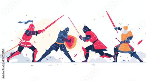 Medieval warriors fighting flat vector illustration.